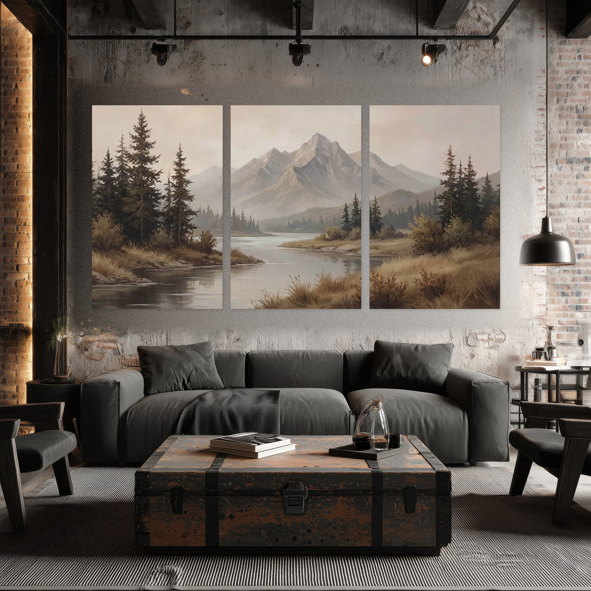 Mountain lake with pines painting set of 3 poster prints in an industrial loft
