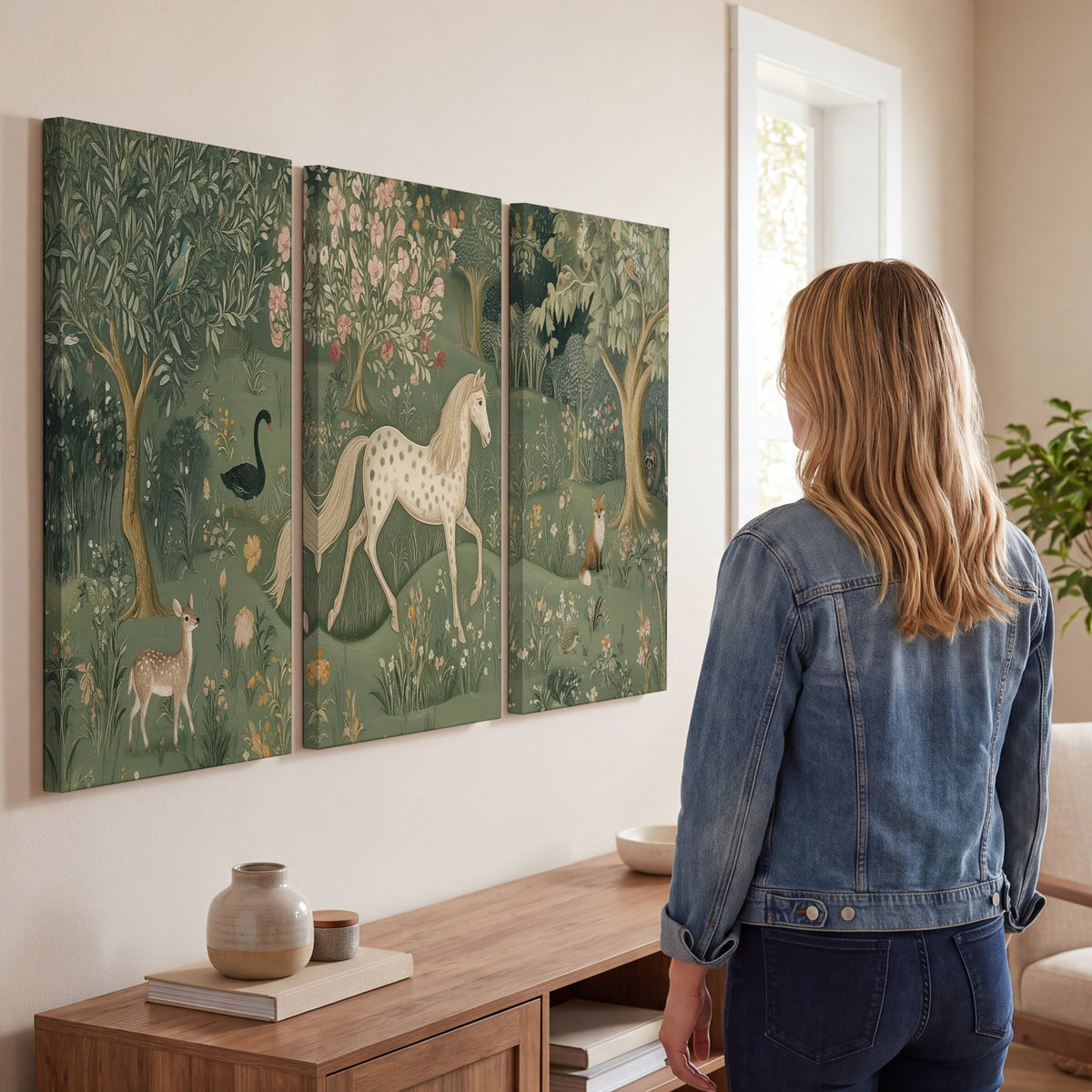 Enchanted woodland tapestry painting 3 piece canvas wall art in a living room