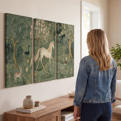 Enchanted woodland tapestry painting 3 piece canvas wall art in a living room