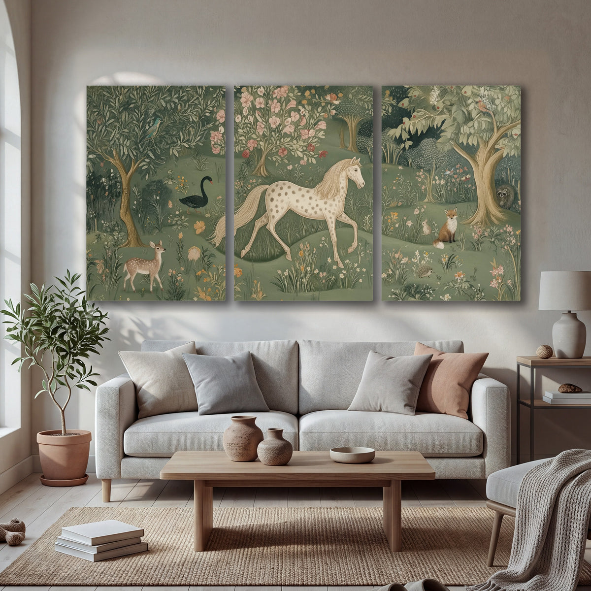Enchanted woodland tapestry painting 3 piece canvas wall art in a bright living room