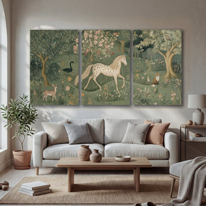 Enchanted woodland tapestry painting 3 piece canvas wall art in a bright living room