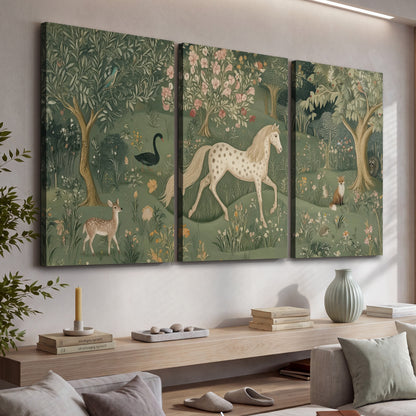 Enchanted woodland tapestry painting 3 piece canvas wall art in a living room above a console