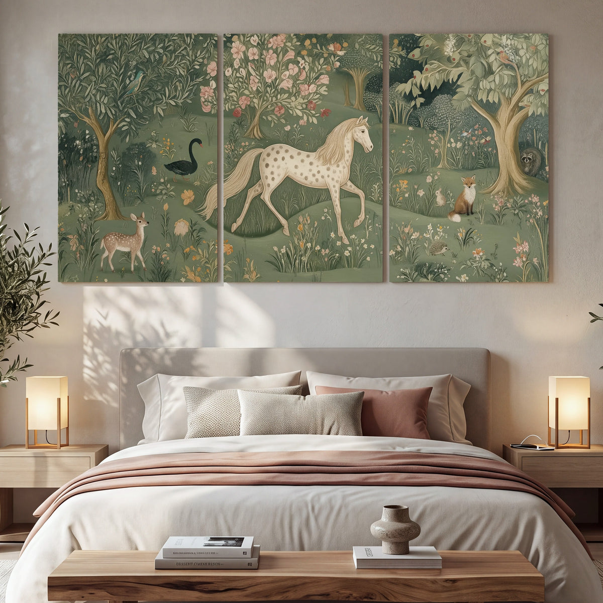 Enchanted woodland tapestry painting 3 piece canvas wall art in a bedroom above the bed