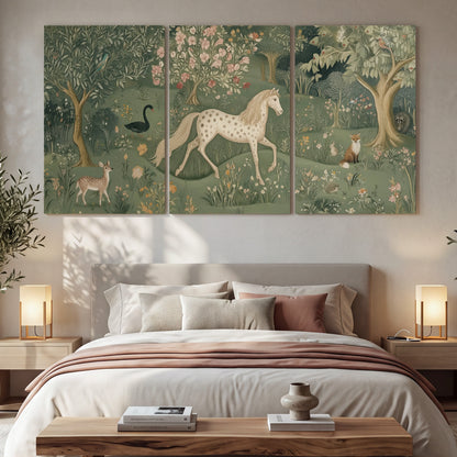 Enchanted woodland tapestry painting 3 piece canvas wall art in a bedroom above the bed