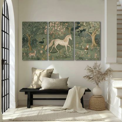 Enchanted woodland tapestry painting 3 piece canvas wall art in an entryway above a bench