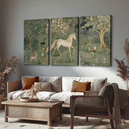 Enchanted woodland tapestry painting 3 piece canvas wall art in a rustic living room