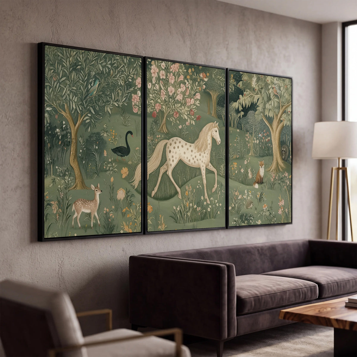 Enchanted woodland tapestry painting 3 piece canvas wall art in a modern living room
