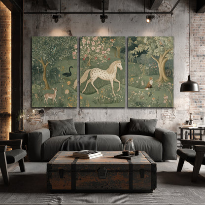 Enchanted woodland tapestry painting 3 piece canvas wall art in an industrial loft