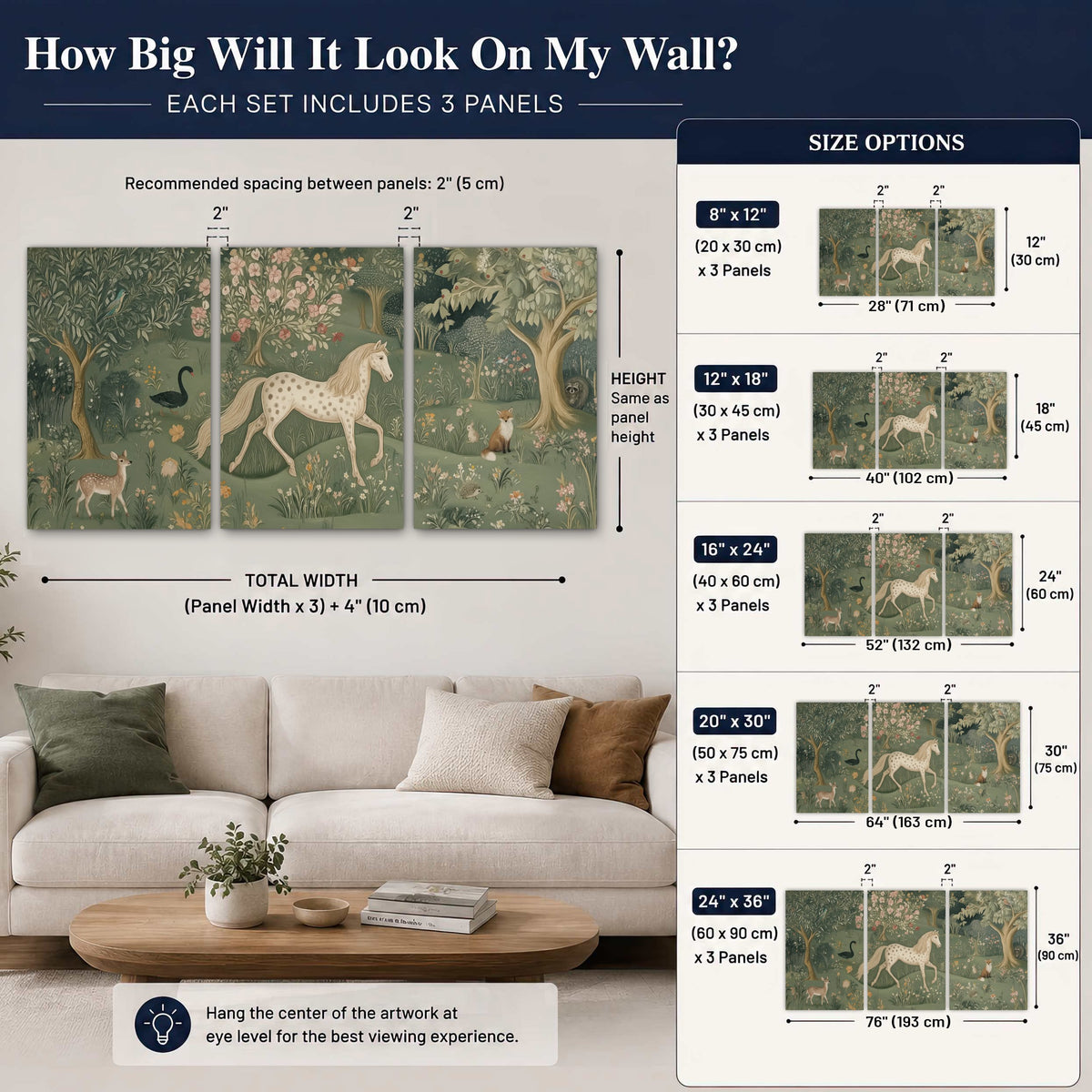 Enchanted woodland tapestry painting 3 piece canvas wall art size guide above a sofa