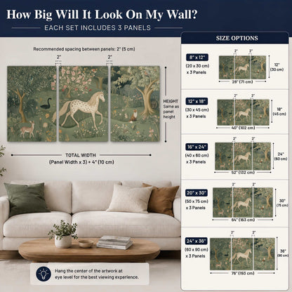 Enchanted woodland tapestry painting 3 piece canvas wall art size guide above a sofa