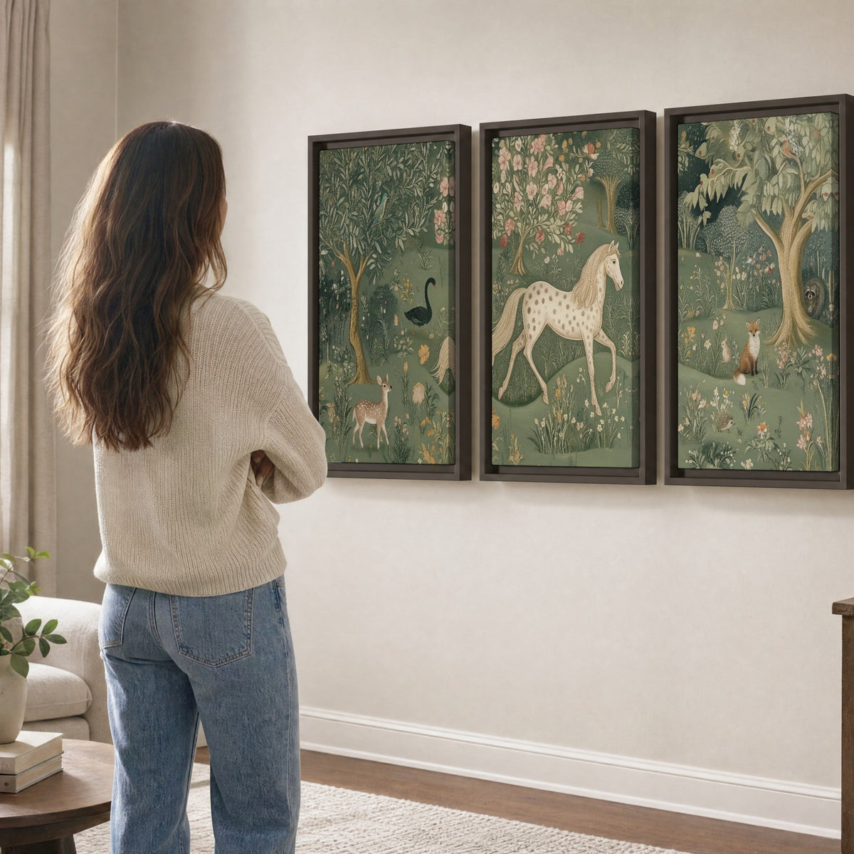 Enchanted woodland tapestry painting 3 piece framed canvas in a living room