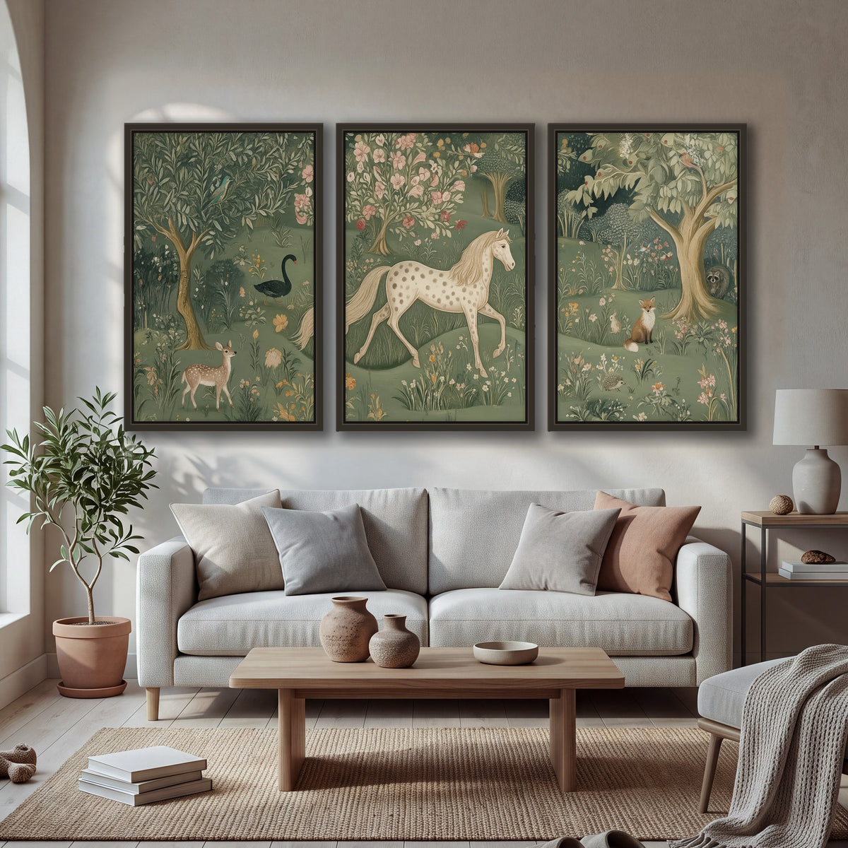 Enchanted woodland tapestry painting 3 piece framed canvas in a bright living room