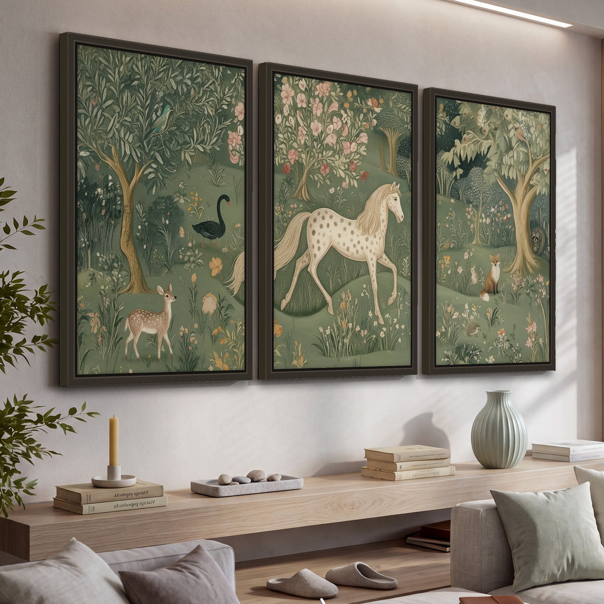 Enchanted woodland tapestry painting 3 piece framed canvas in a living room above a console