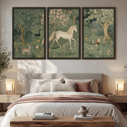 Enchanted woodland tapestry painting 3 piece framed canvas in a bedroom above the bed
