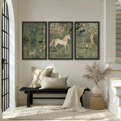 Enchanted woodland tapestry painting 3 piece framed canvas in an entryway above a bench