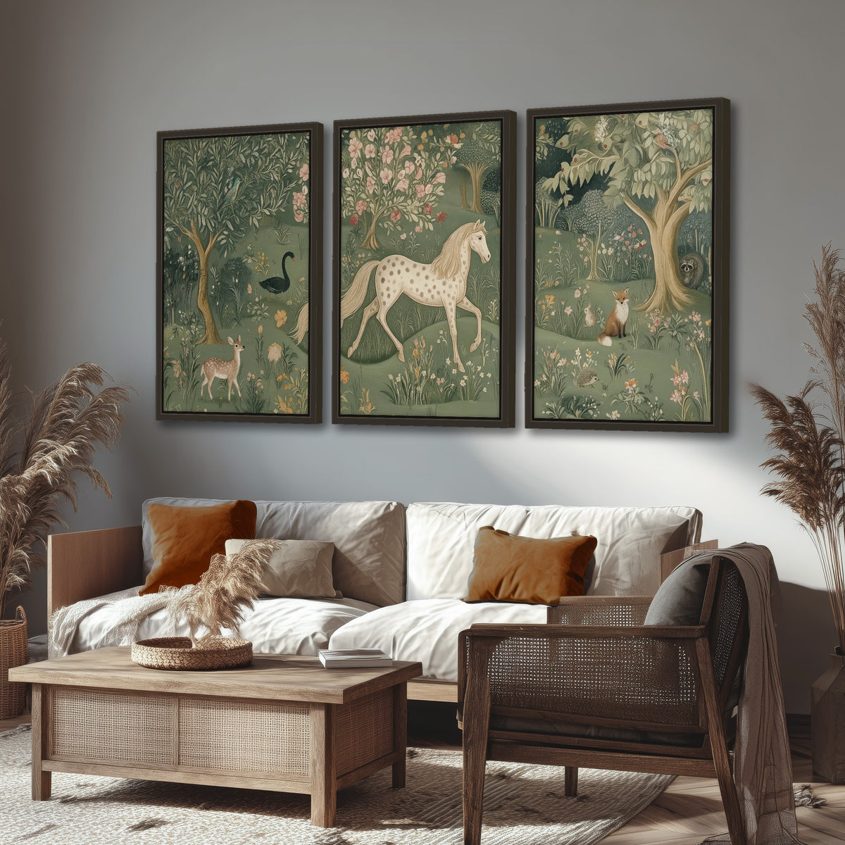Enchanted woodland tapestry painting 3 piece framed canvas in a rustic living room