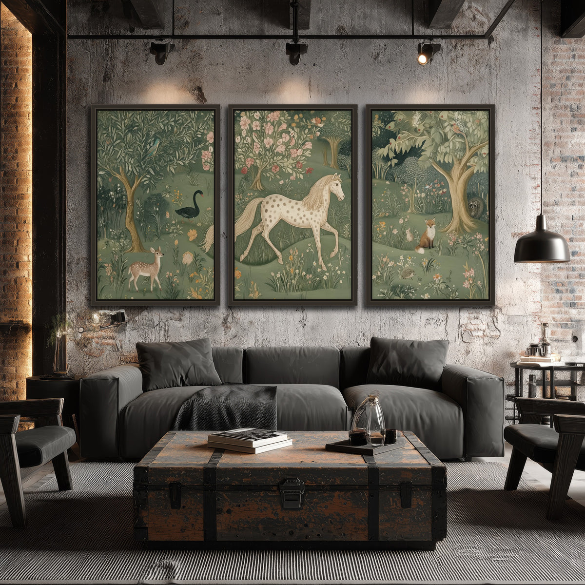 Enchanted woodland tapestry painting 3 piece framed canvas in an industrial loft