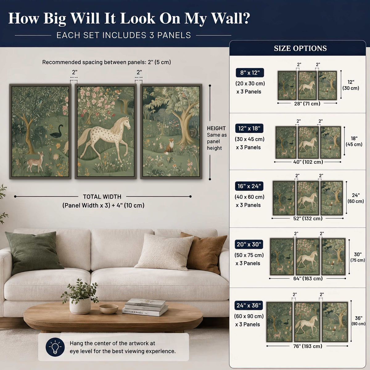 Enchanted woodland tapestry painting 3 piece framed canvas size guide above a sofa