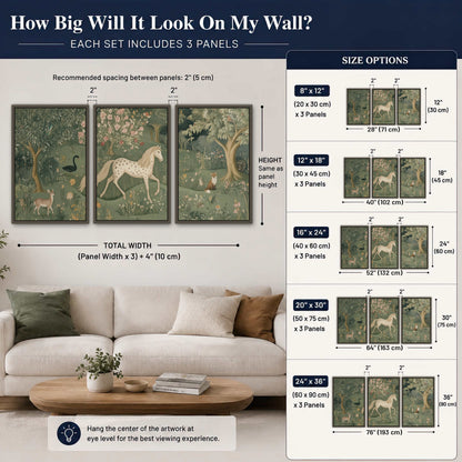 Enchanted woodland tapestry painting 3 piece framed canvas size guide above a sofa