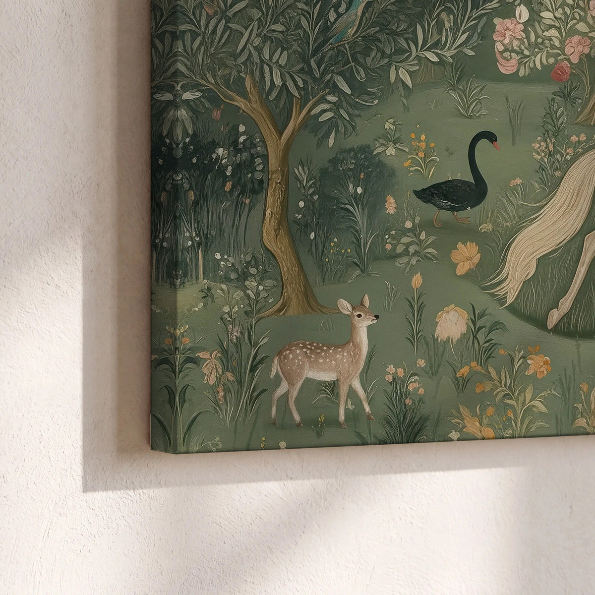 Enchanted woodland tapestry painting canvas print close-up showing the gallery-wrapped edge
