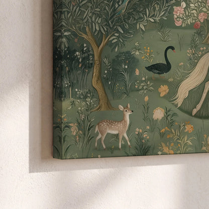 Enchanted woodland tapestry painting canvas print close-up showing the gallery-wrapped edge