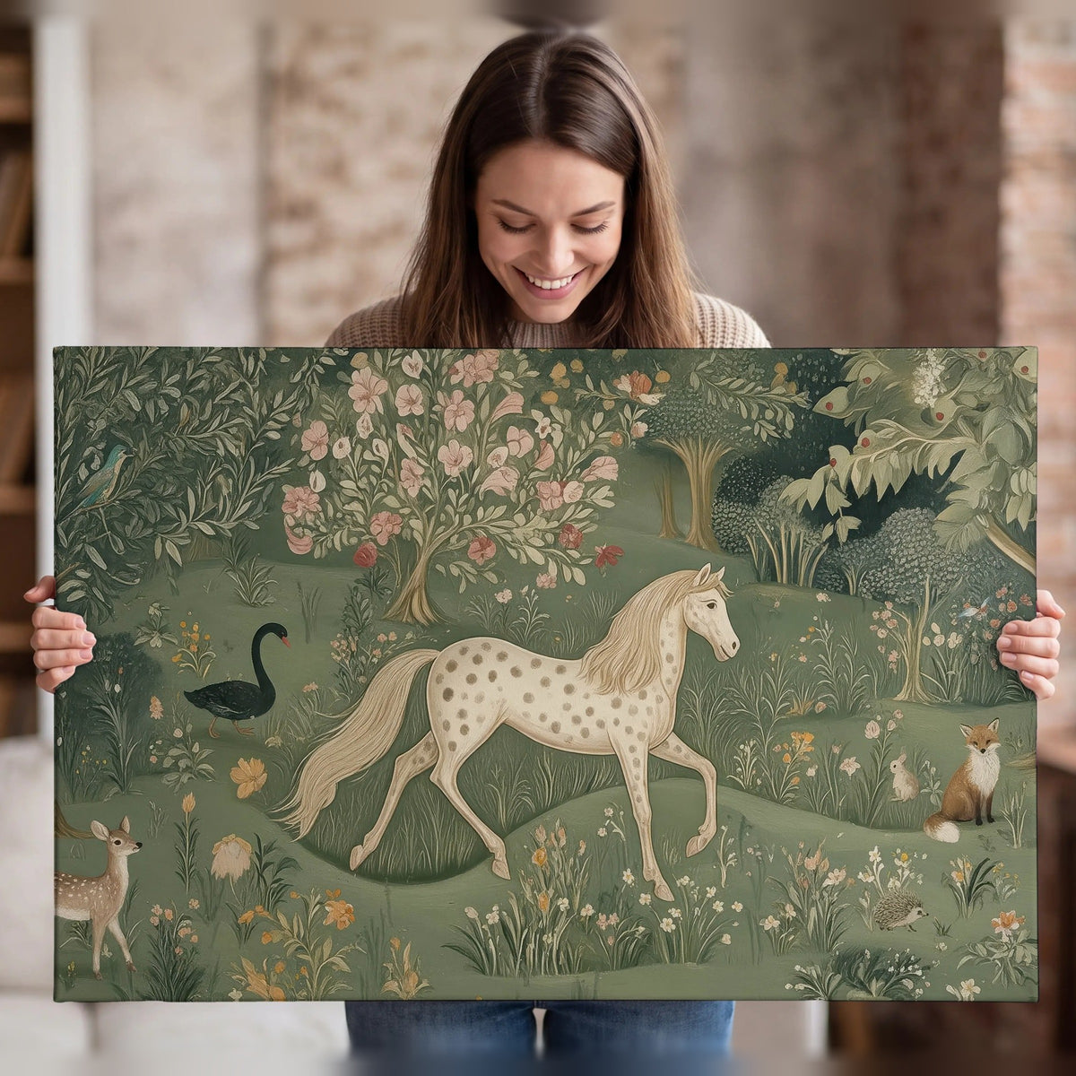 Enchanted woodland tapestry painting canvas wall art held in hands