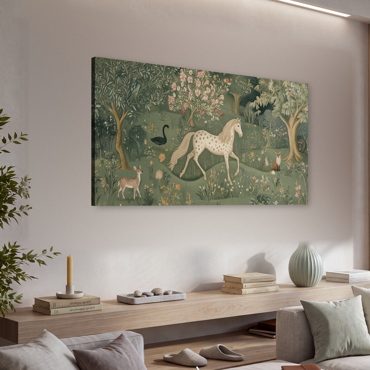 Enchanted woodland tapestry painting canvas wall art in a living room above a console