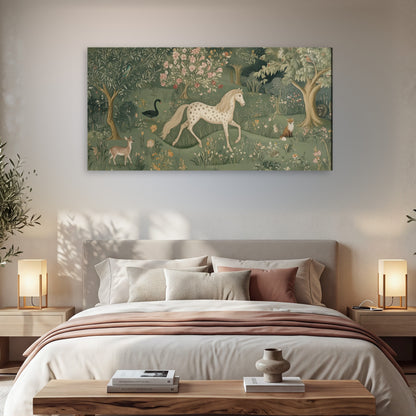 Enchanted woodland tapestry painting canvas wall art in a bedroom above the bed