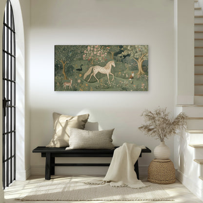 Enchanted woodland tapestry painting canvas wall art in an entryway above a bench