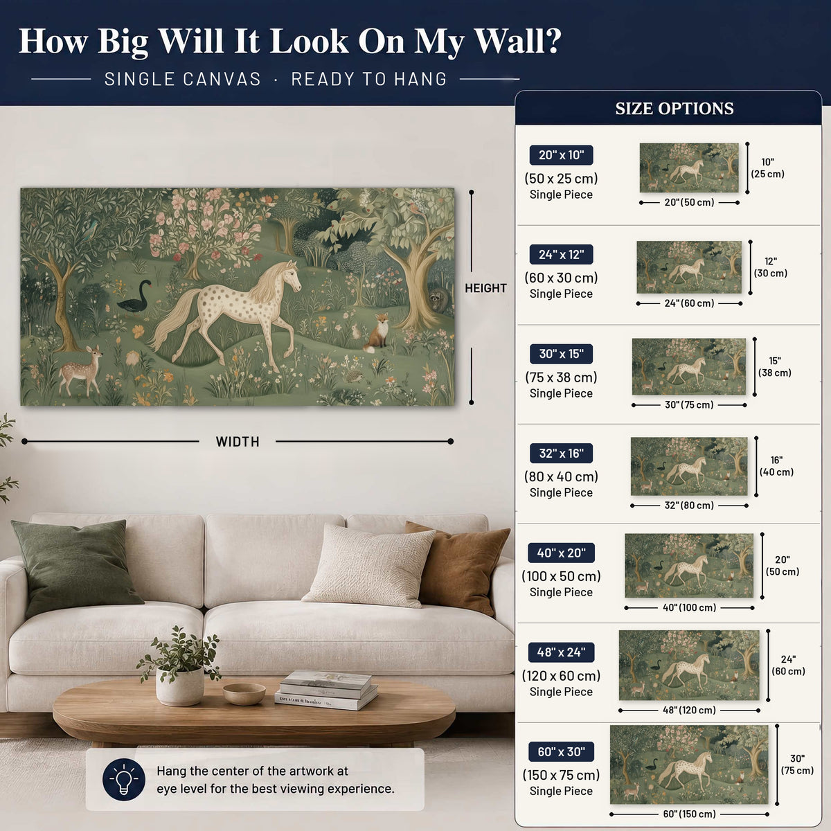Enchanted woodland tapestry painting canvas wall art size guide above a sofa