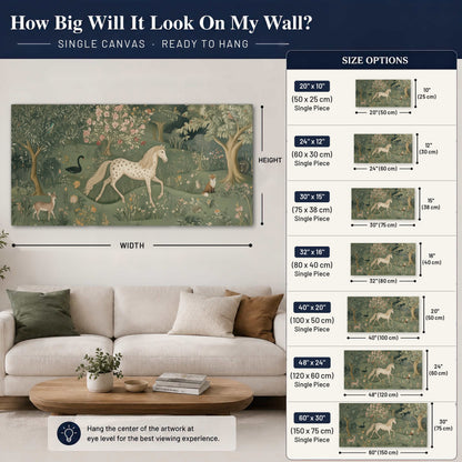 Enchanted woodland tapestry painting canvas wall art size guide above a sofa