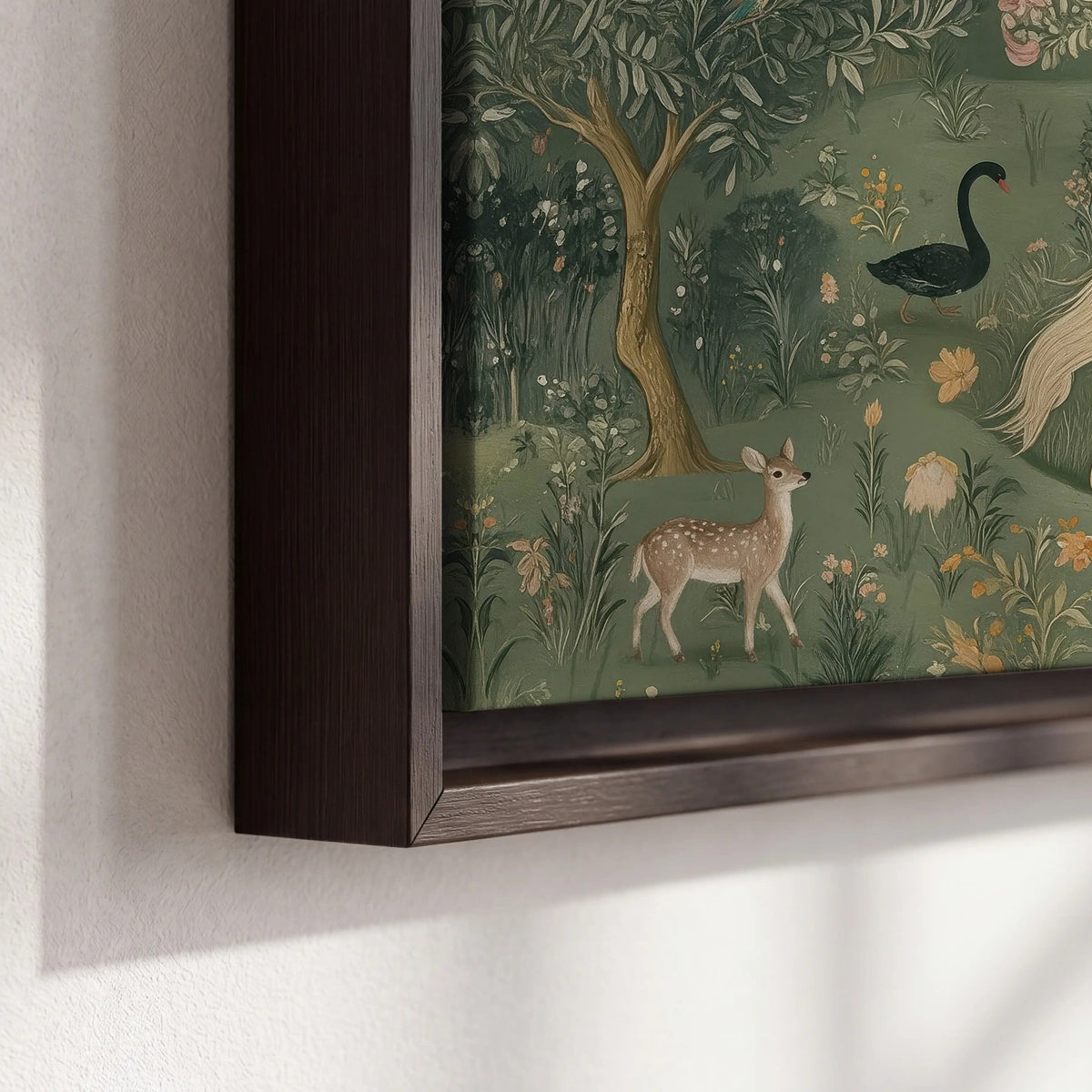 Enchanted woodland tapestry painting framed canvas close-up showing the floating frame