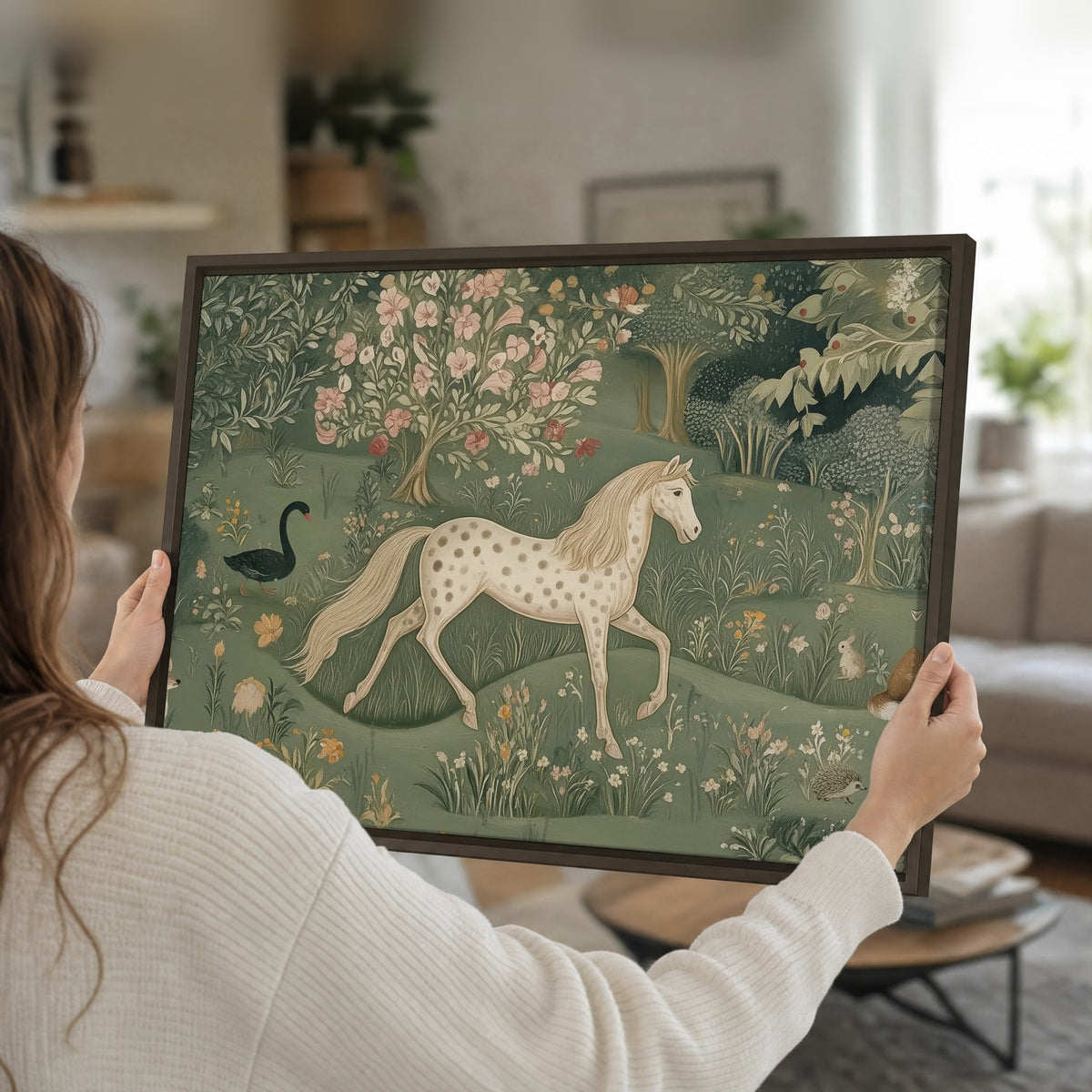Enchanted woodland tapestry painting framed canvas held in hands