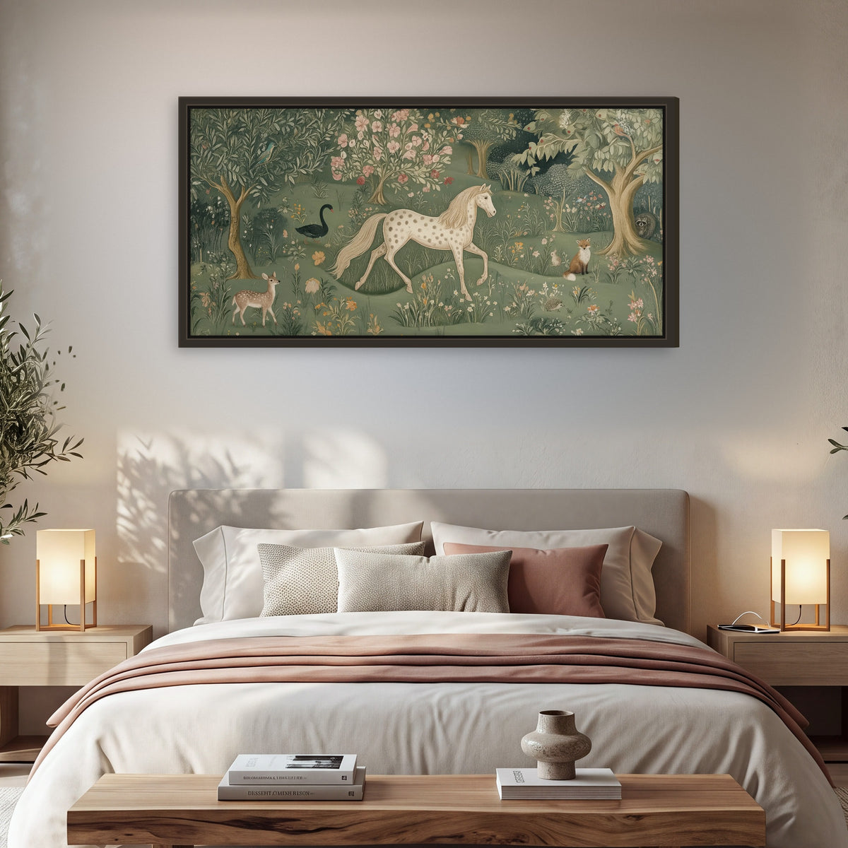 Enchanted woodland tapestry painting framed canvas wall art in a bedroom above the bed
