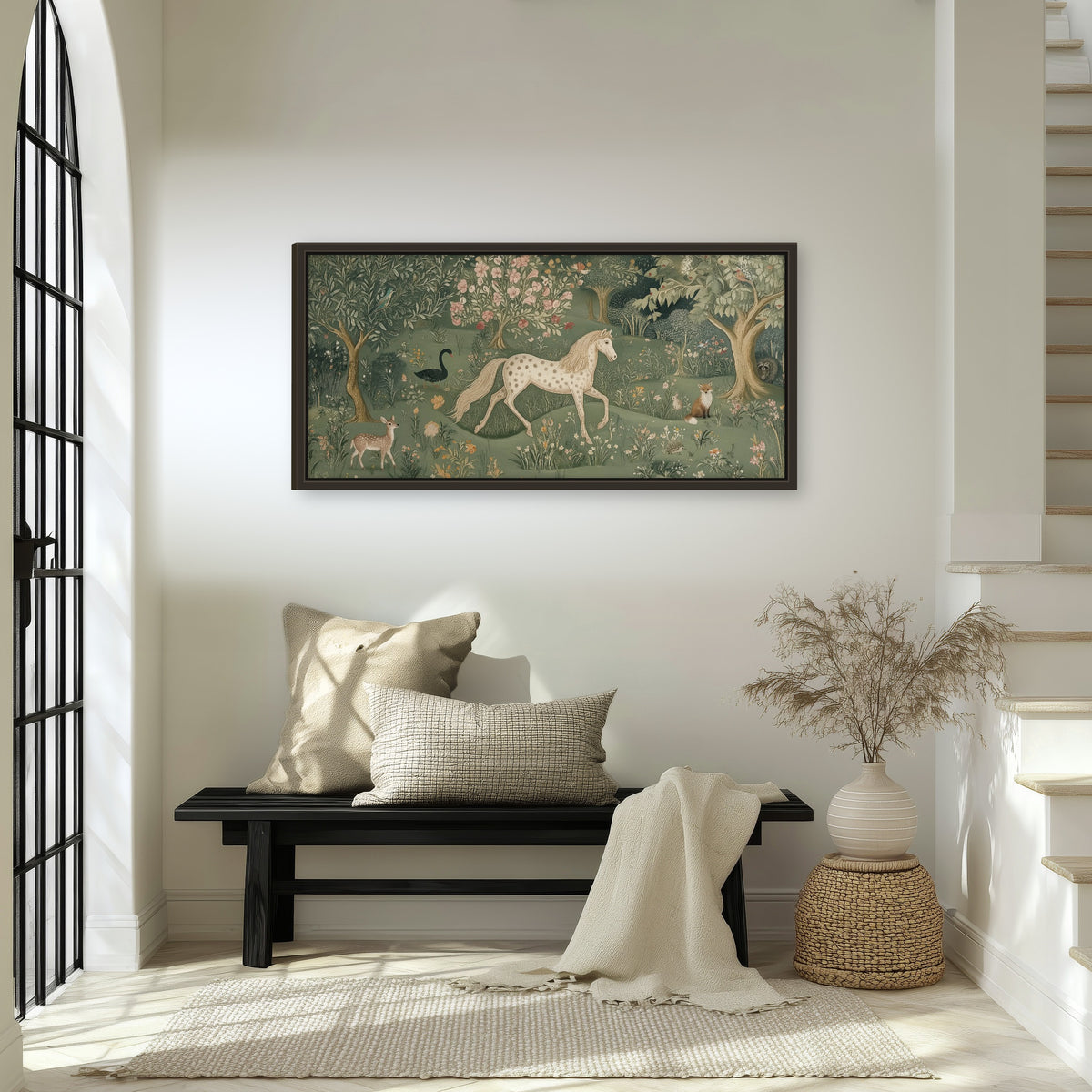 Enchanted woodland tapestry painting framed canvas wall art in an entryway above a bench