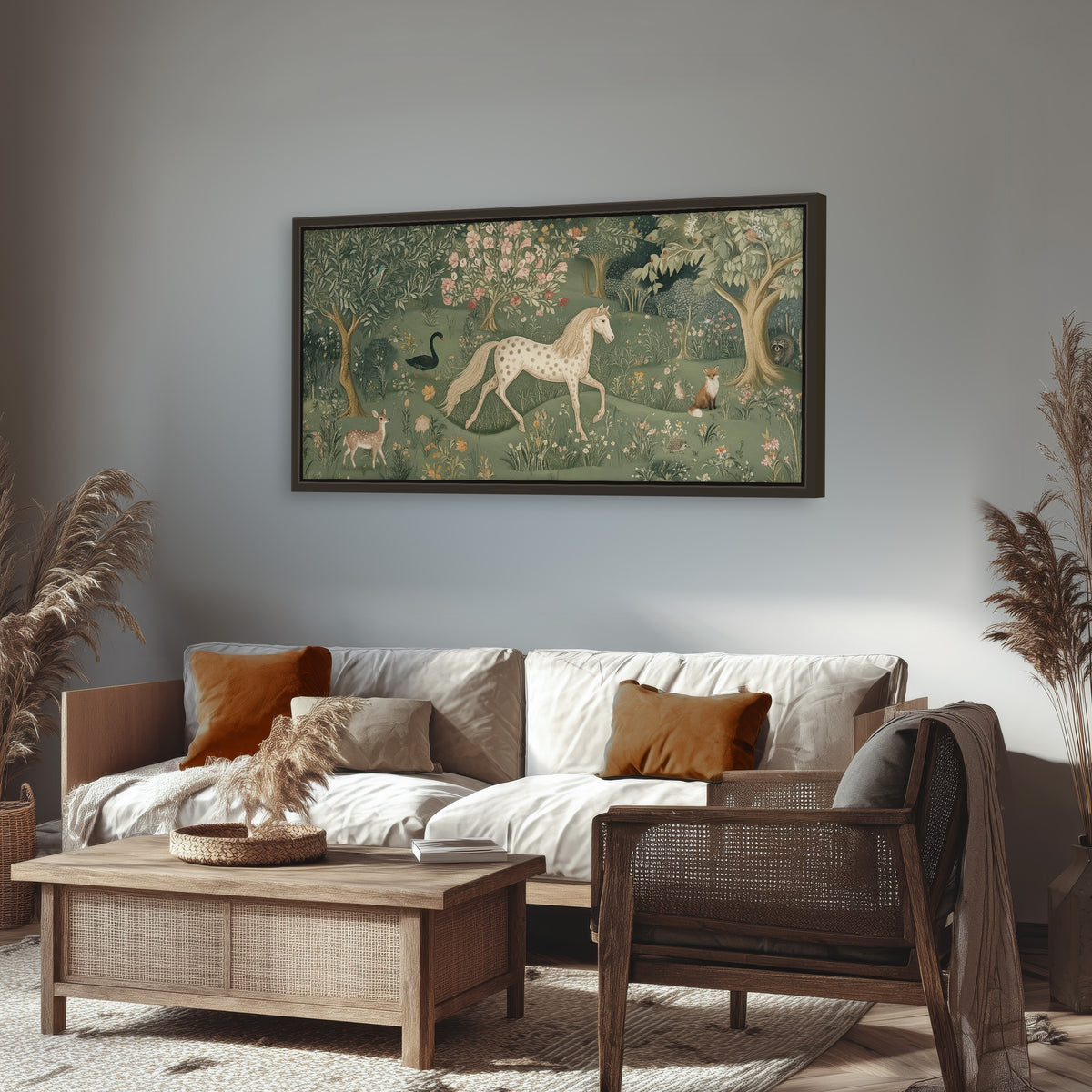 Enchanted woodland tapestry painting framed canvas wall art in a rustic living room