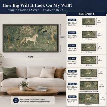 Enchanted woodland tapestry painting framed canvas wall art size guide above a sofa