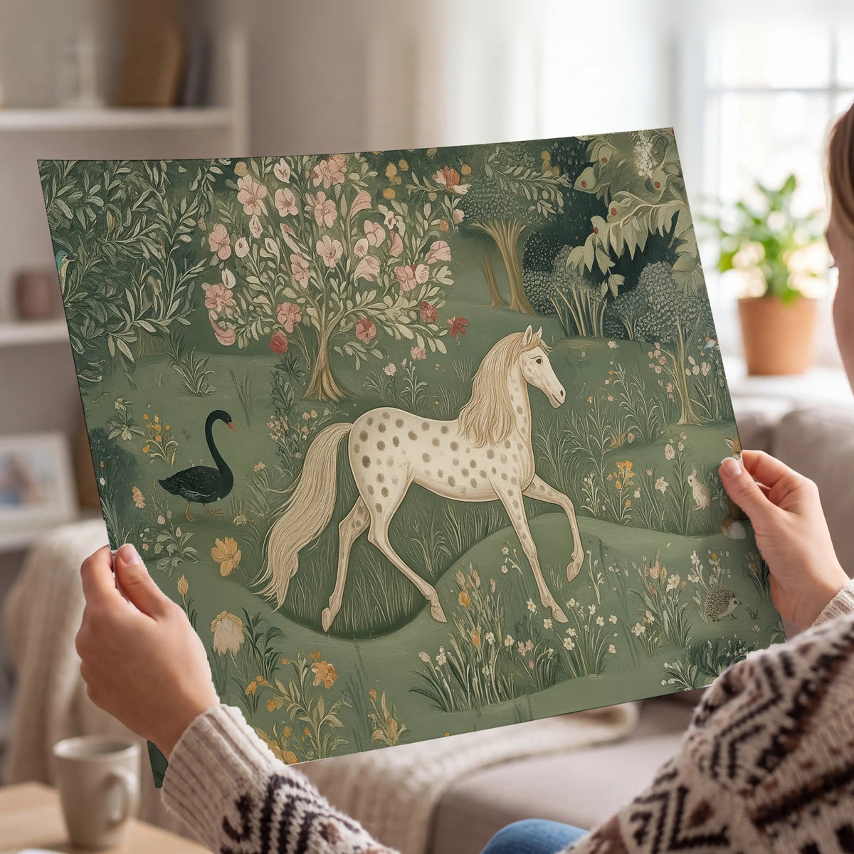 Enchanted woodland tapestry painting poster print held in hands