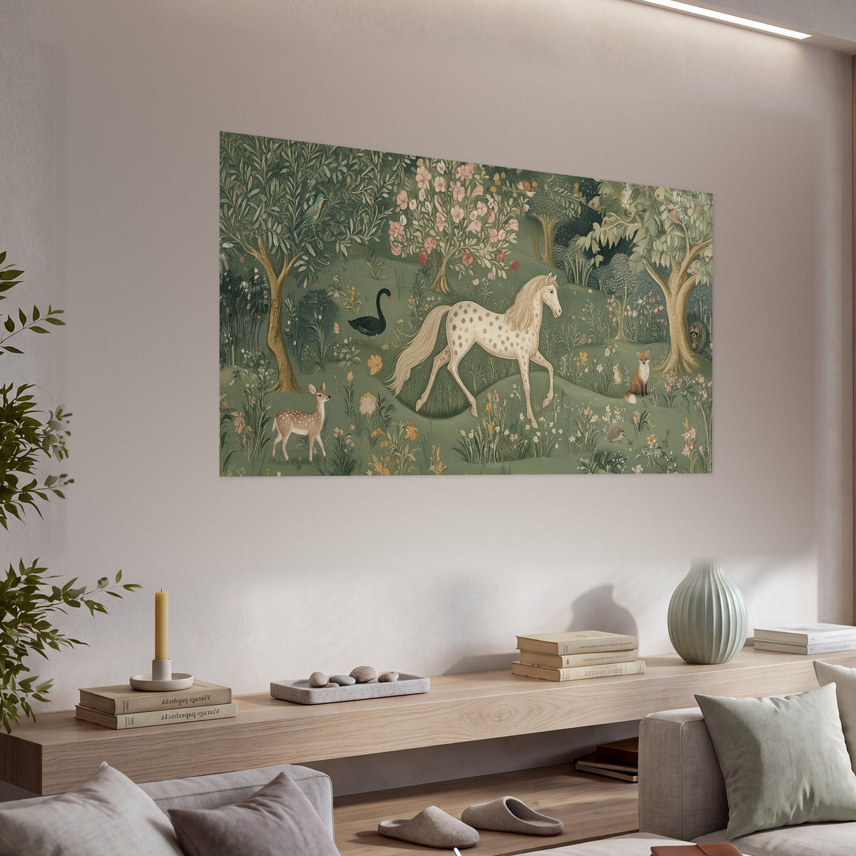 Enchanted woodland tapestry painting poster print in a living room above a console