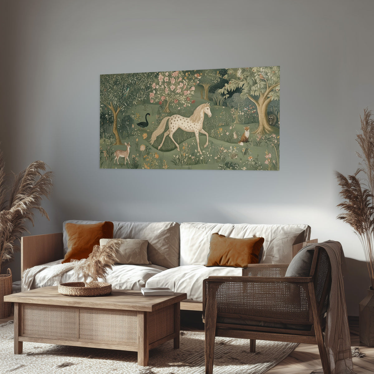Enchanted woodland tapestry painting poster print in a rustic living room