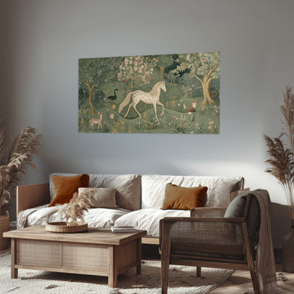Enchanted woodland tapestry painting poster print in a rustic living room