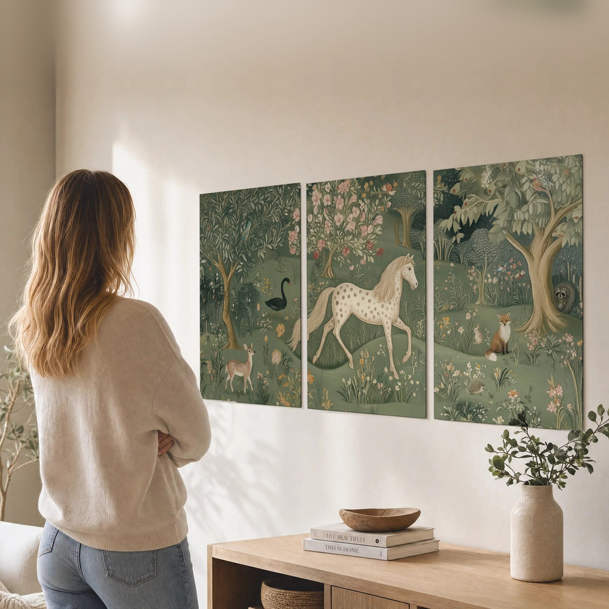 Enchanted woodland tapestry painting set of 3 poster prints in a living room