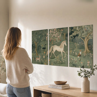 Enchanted woodland tapestry painting set of 3 poster prints in a living room