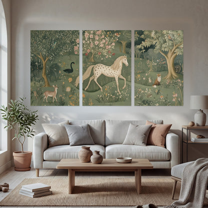 Enchanted woodland tapestry painting set of 3 poster prints in a bright living room