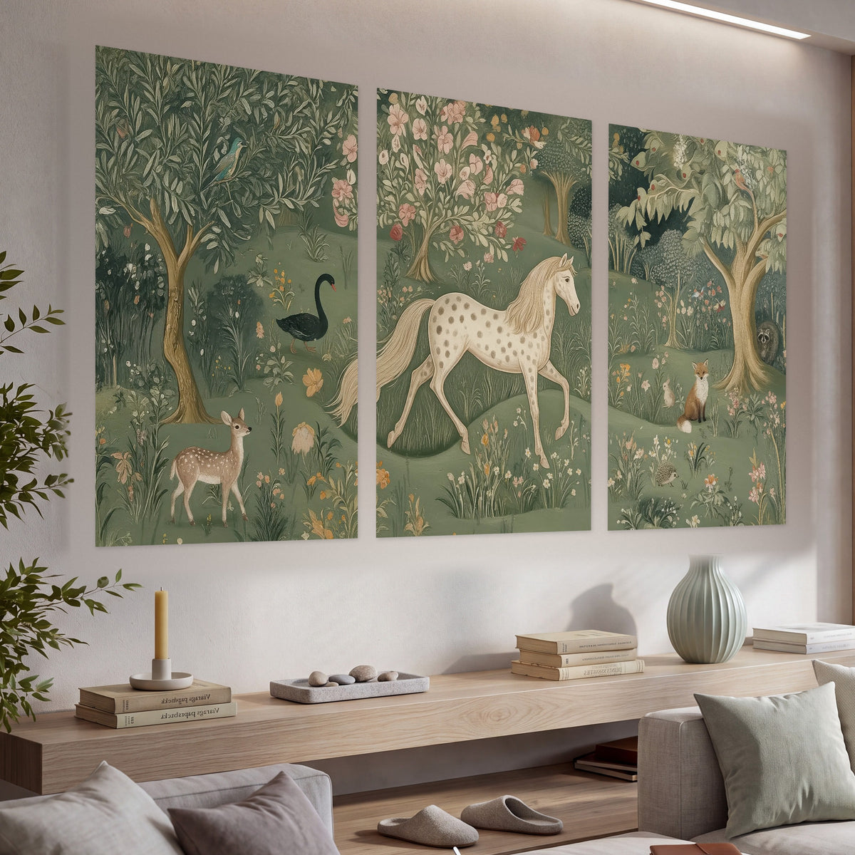 Enchanted woodland tapestry painting set of 3 poster prints in a living room above a console