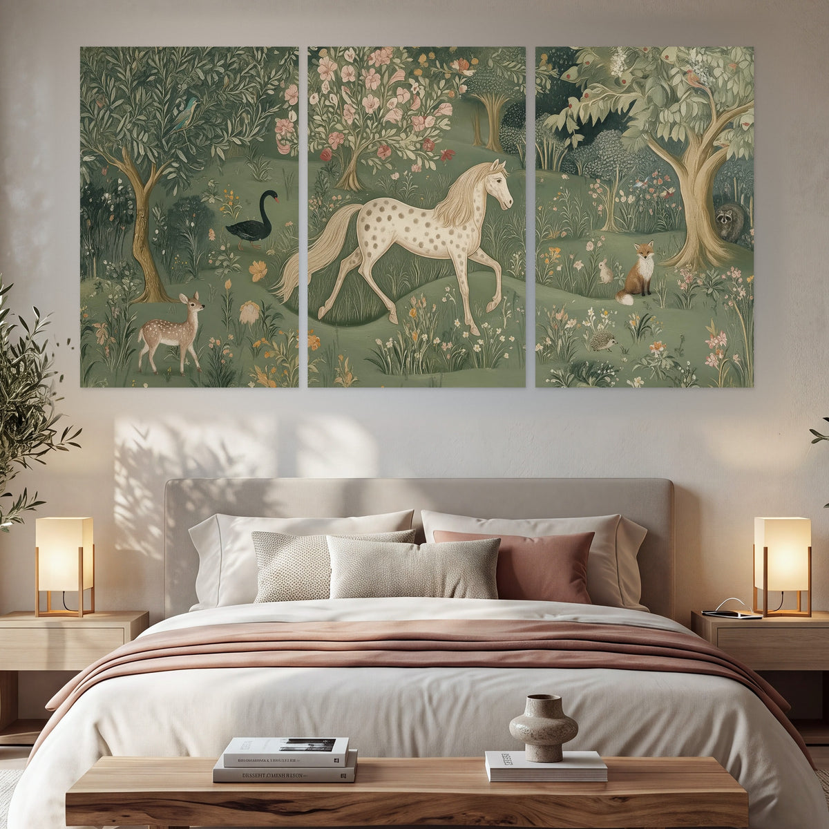 Enchanted woodland tapestry painting set of 3 poster prints in a bedroom above the bed