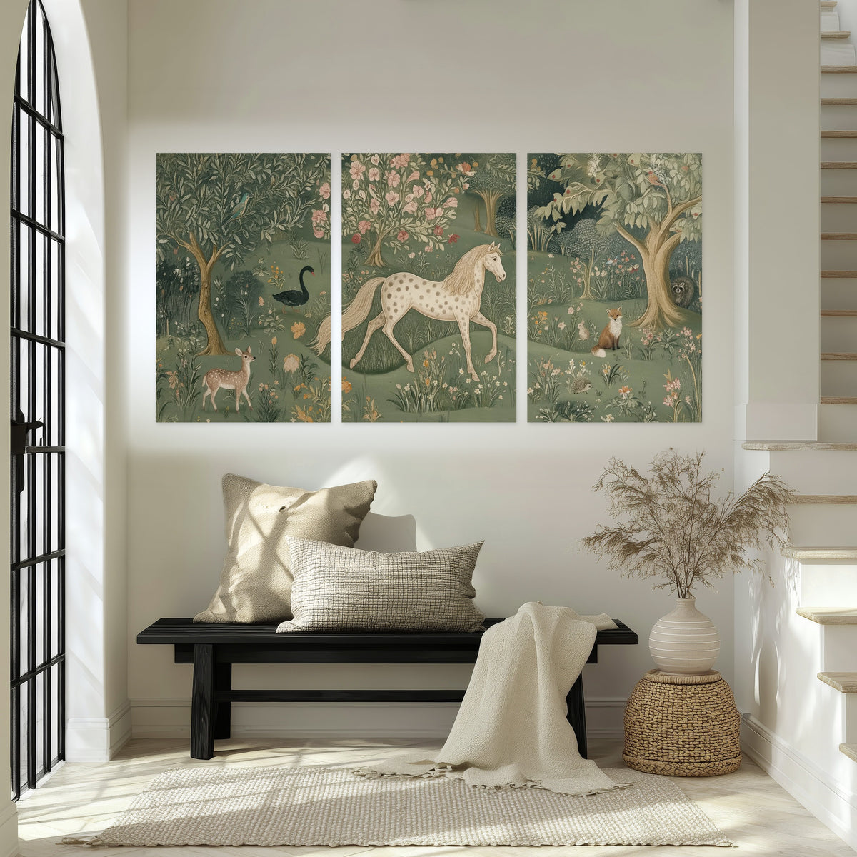 Enchanted woodland tapestry painting set of 3 poster prints in an entryway above a bench