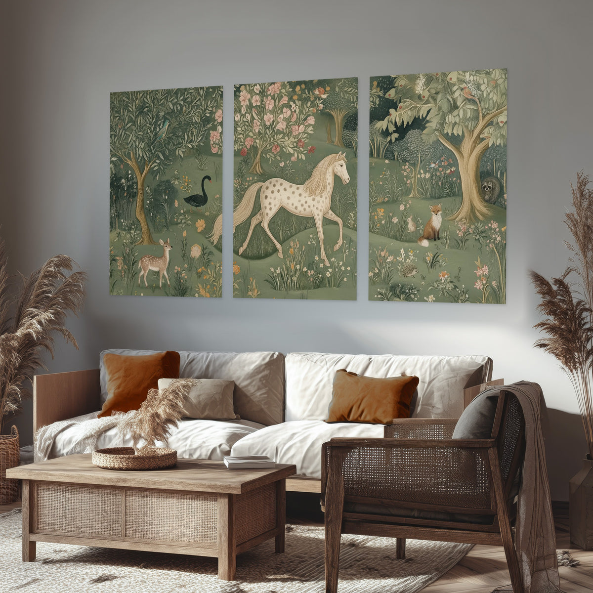 Enchanted woodland tapestry painting set of 3 poster prints in a rustic living room