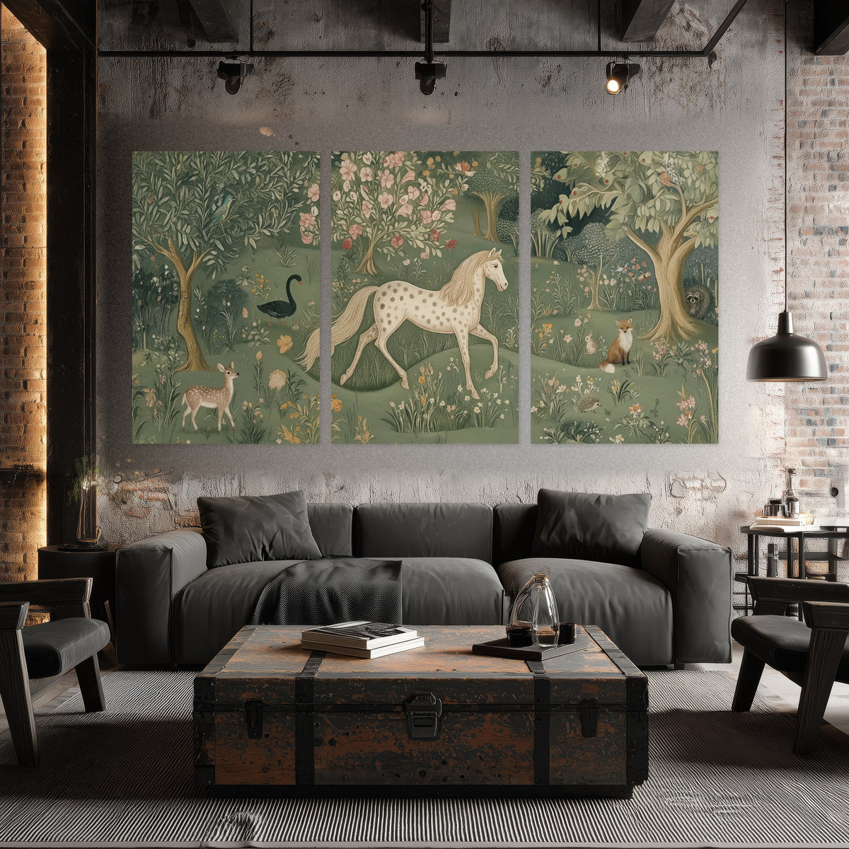 Enchanted woodland tapestry painting set of 3 poster prints in an industrial loft