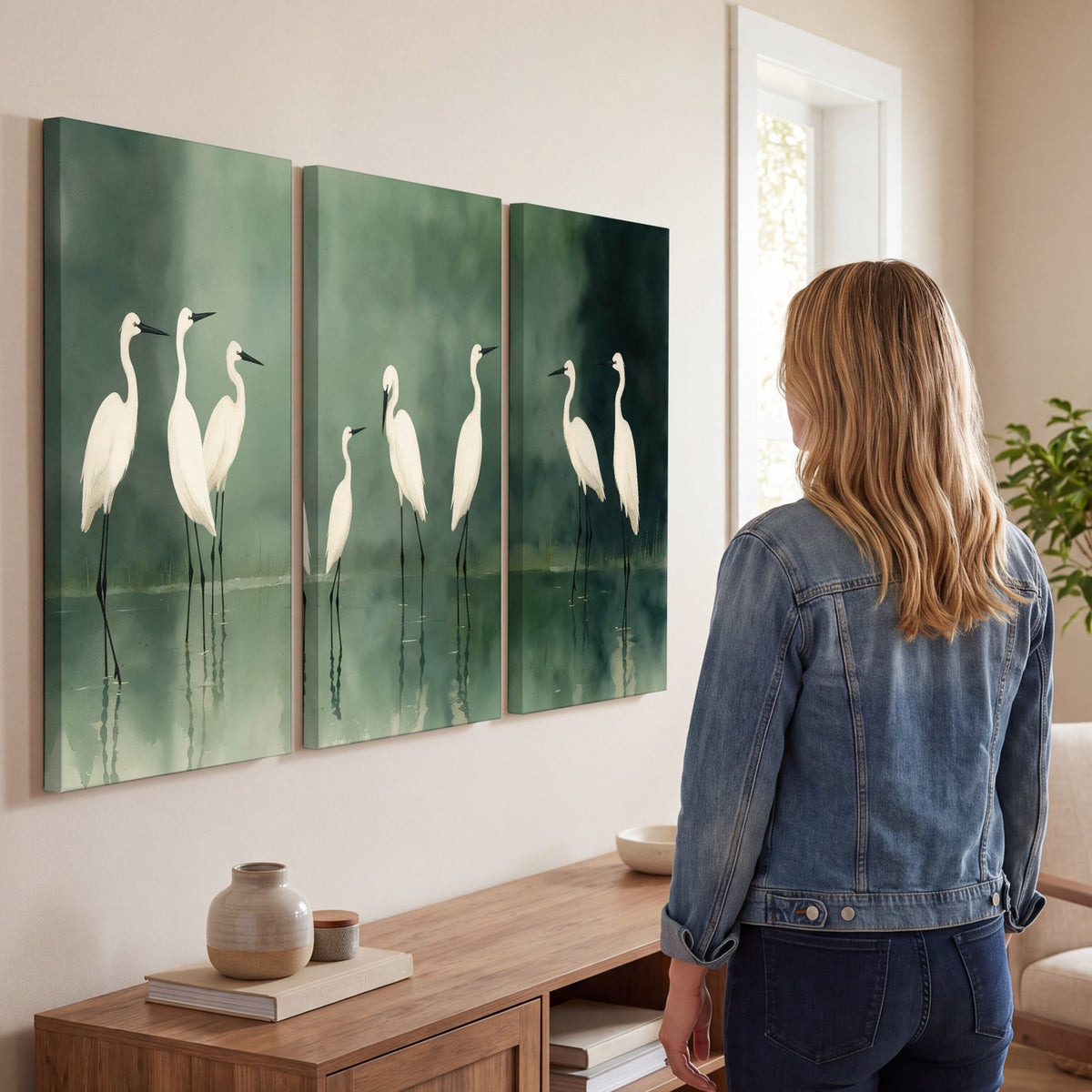 White egrets on green lake painting 3 piece canvas wall art in a living room